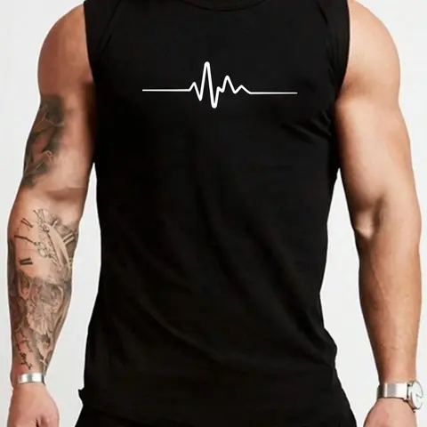 Men's Heartbeat Print Round Neck Tank Top, Athletic Tank Tops, Regular Fit Casual Sleeveless Fitted EKG Graphic Sleeveless Top for Summer, Men's Top for Daily Wear, Socks