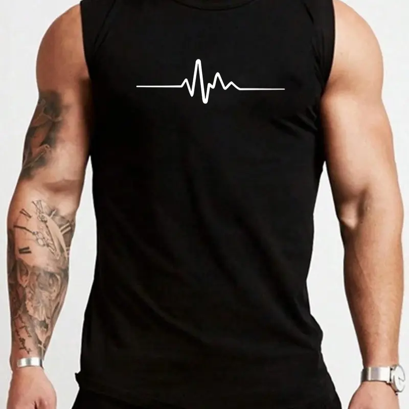 Men's Heartbeat Print Round Neck Tank Top, Athletic Tank Tops, Regular Fit Casual Sleeveless Fitted EKG Graphic Sleeveless Top for Summer, Men's Top for Daily Wear, Socks