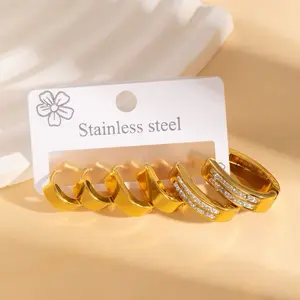 Gold Plated Hoop Earrings Huggie Stainless Steel with Rhinestone Accents for Everyday Wear