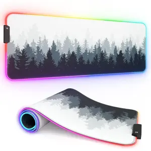 RGB Gaming  Pad, Full Desk XL Extended Large Gaming Mousepad, 12 Lighting Modes 30% Thicker Big LED Desk Mat for Gamers, 32 x 12 inches, Ink Painting Misty Forest
