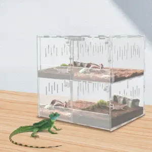 Bymaocar 4-grid Clear Acrylic Reptile Terrariums Climbing Pet Reptile Cage Non-toxic Odorless W/ Thermometer For Laboratory/home