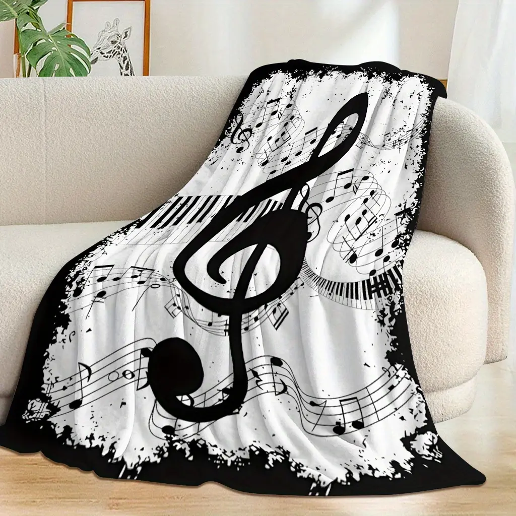 Music-Themed Flannel Blanket Throw with Musical Notes-Piano Keys, Soft Warm Breathable Cooling Wrinkle-Resistant Durable Fade-Resistant Machine-Washable Polyester Fiber All-Seasons Black & White Blanket for Contemporary Home Decor, Music Lovers