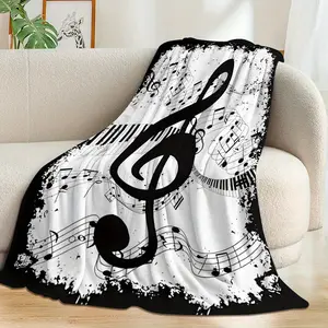1 Piece Musical Note and Piano Key Flannel Blanket - Soft and Warm, Suitable for All Seasons, Ideal for Camping, Travel, Car Interior, and Home Decoration - Machine Washable (Black and White Colorway), Essential for Music Lovers