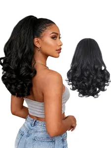 Long Black Curly Synthetic Ponytail Extension, 14" Yaki Soft Heat-Resistant Fiber Drawstring Ponytail, Natural Curly Hairpiece for Women Daily & Party Wear