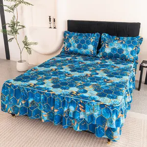 ML Nature Style 3-Piece Fitted Bed Sheet Set with 18-Inch Drop Ruffled Bed Skirt & 2 Pillowcases for Queen/King Size All-Season Bedding Decor