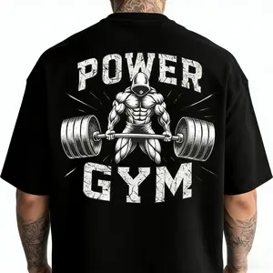 Men's Cool "Power Gym" Bodybuilding Graphic T-Shirt: Black Oversized Tee with Weightlifting Print, Perfect for Fitness Enthusiasts and Street Gym Style