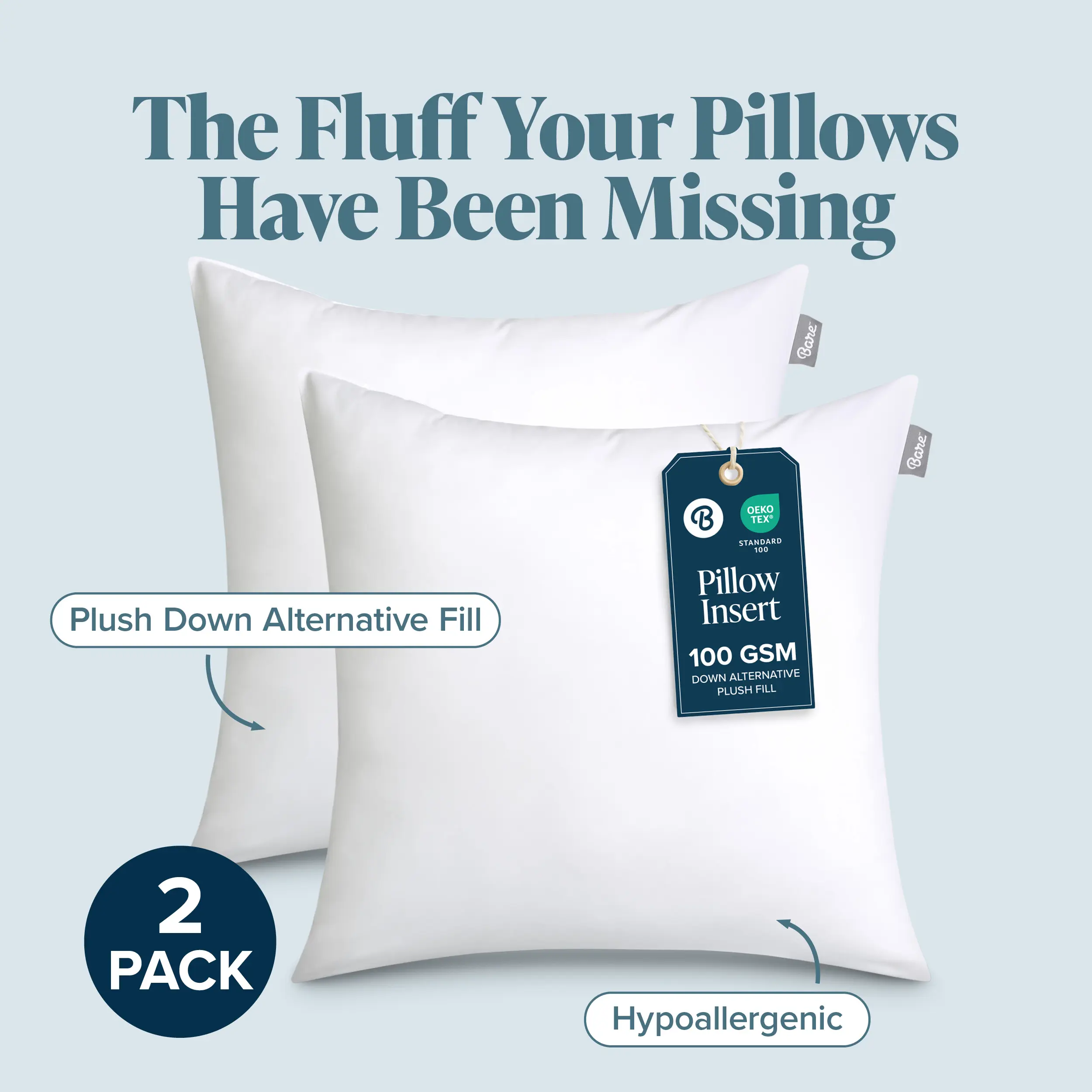 Bare Home 14x14 Adding Filling Pillow Inserts - Pack of 2, Supportive Hollow Fiber Fill, Anti-Allergen, Skin-Friendly White Microfiber Shell, Machine Washable, for Sofas Living Room