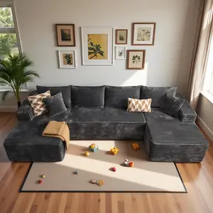 CAODOC Modular U-Shaped Boneless Couch Corduroy Fabric Sectional Sofa for Modern Living Room & Apartment No Assembly Required Deep Seat Design & Two Chaise Lounges