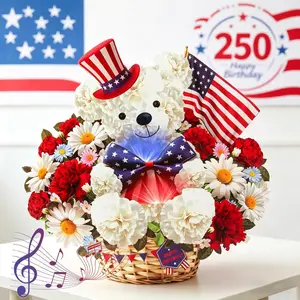 3D Pop Up Patriotic Floral Bear Basket Card with Music & LED Lights - Jumbo 250th US Anniversary & Birthday Gift for Veterans & Family