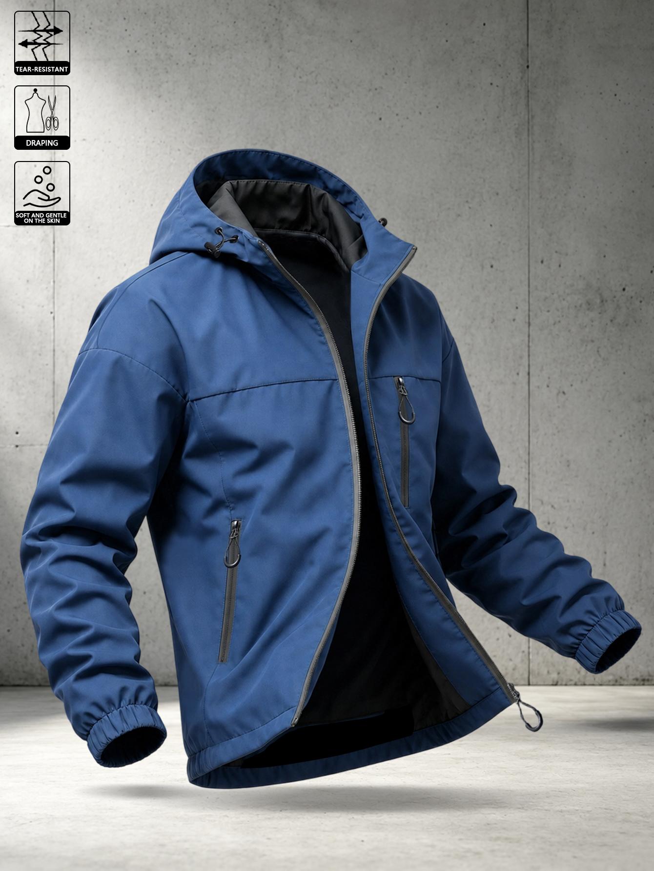 American workwear solid-color men’s army green hooded functional jacket, relaxed drop-shoulder design that doesn’t restrict movement, hidden safety zipper pockets, wear-resistant wrinkle-resistant woven fabric, multi-scenario hiking outerwear