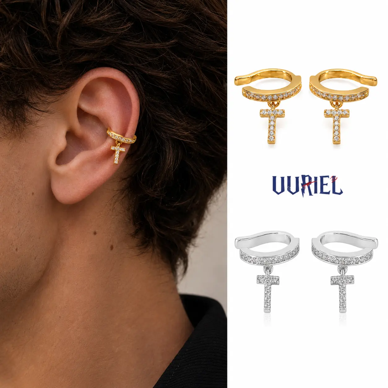 UURiel Cross Ear Cuff for Men, CZ Hip Hop Clip On Earring, No Piercing, Waterproof Unisex Bling Cartilage Jewelry, Halloween/Christmas/Valentine's Day Gifts for Boyfriends and Girlfriends