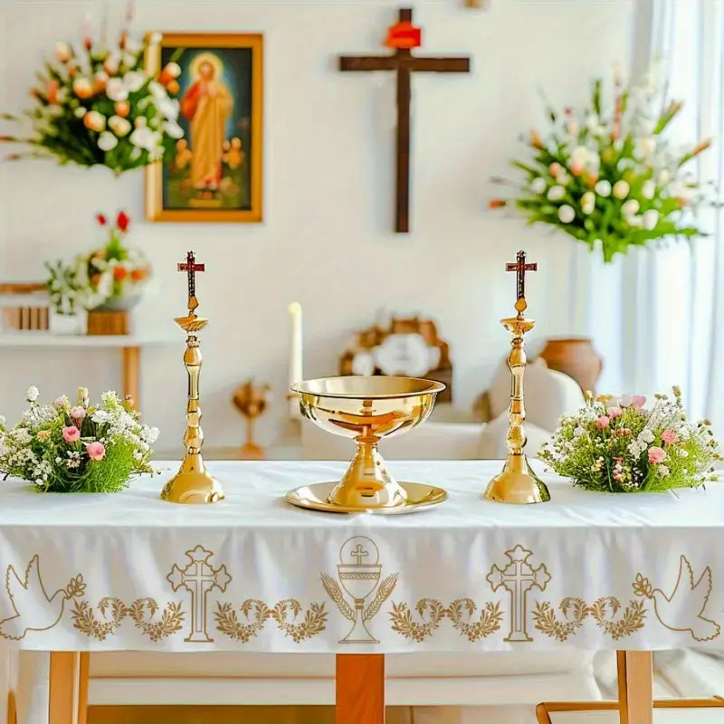 1pc Large Commemorative Altar Front 88.2x52 inch Holy Communion Tablecloth White Rectangular Polyester Fabric Washable Tablecloth Suitable for Wedding/Dinner/Party/Picnic Restaurant Tablecloth Christmas Party Banner Home Decor Ornaments Rectangle
