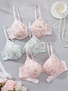 Women's Floral Underwire Full Coverage Cup Bra Set, Medium Support Push-Up Bras, Casual Fitted Design, All-Season Comfortable Fit, Stretchy Lingerie
