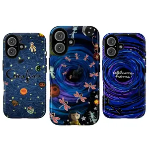Whimsical Cora Line Phone Case – Dark Fantasy Movie Phone Cover for iPhone 17 16 15 14 13 12 11 Pro Max XR XS 8 7 SE & SS Galaxy| Creepy Cute Button Eye & Black Cat, Blue Night Sky, Spooky Galaxy, Creepy Cute Gift for Movie Fans