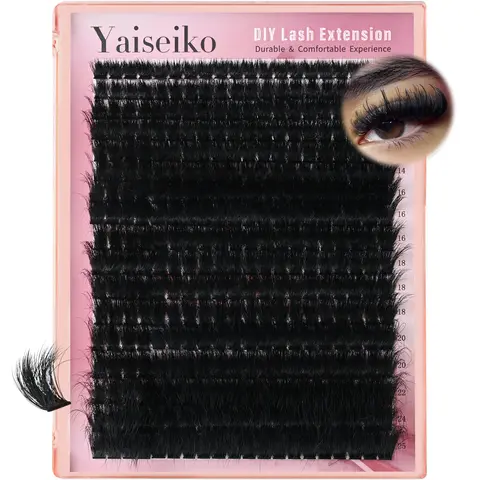 Yaiseiko Cosmetic Plant Fibers Eyelash Extensions Kit, Thick 300D D-Curl Cluster Lashes, 8-25mm Full Volume Wispy Individual Fake Lashes, 340Pcs Lightweight Waterproof Soft Bulk Set (False Eyelashes & Adhesives)