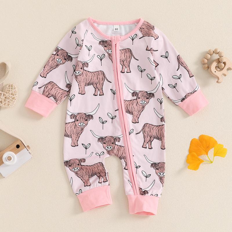 Country Baby Clothes Boy Girl Western Highland Cow Print Long Sleeve Romper Zipper  Jumpsuit Spring Fall Outfit 0-12M