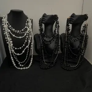 Unique and Exaggerated Pearl Layered Tassel Necklace for Women, Niche Design Long Necklace with a High-End Feel