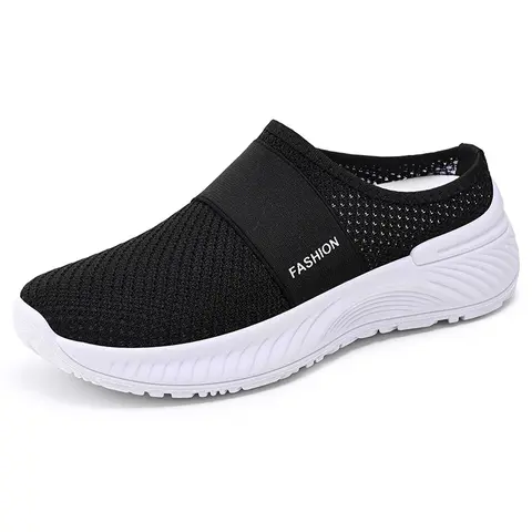 OFIREND Women's Round Toe Ankle Slip-On Mules - Branded Strap, Breathable Mesh Knit Fabric, PVC Flat Cushioned Sole, Slip-On in Seconds, All Seasons Walking Shoes for Daily Routine
