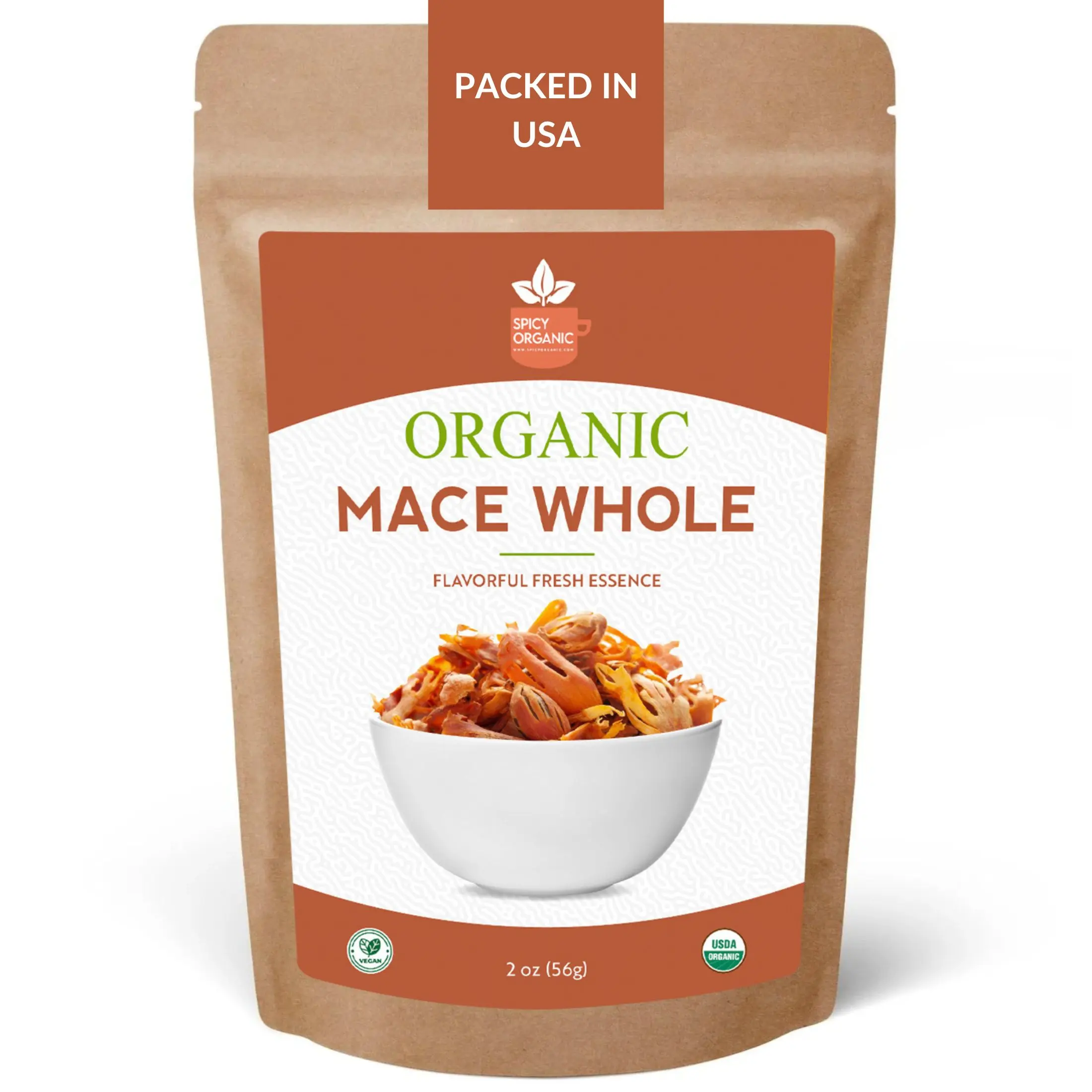 SPICY ORGANIC Mace Whole (Javantri) – 2 oz (57 g), USDA Certified Organic Mace Spice, 100% Raw, Non-GMO, Vegan, Gluten-Free – Enhance Dishes with Rich, Aromatic Flavor | Myristica Fragrans | Resealable Pouch.