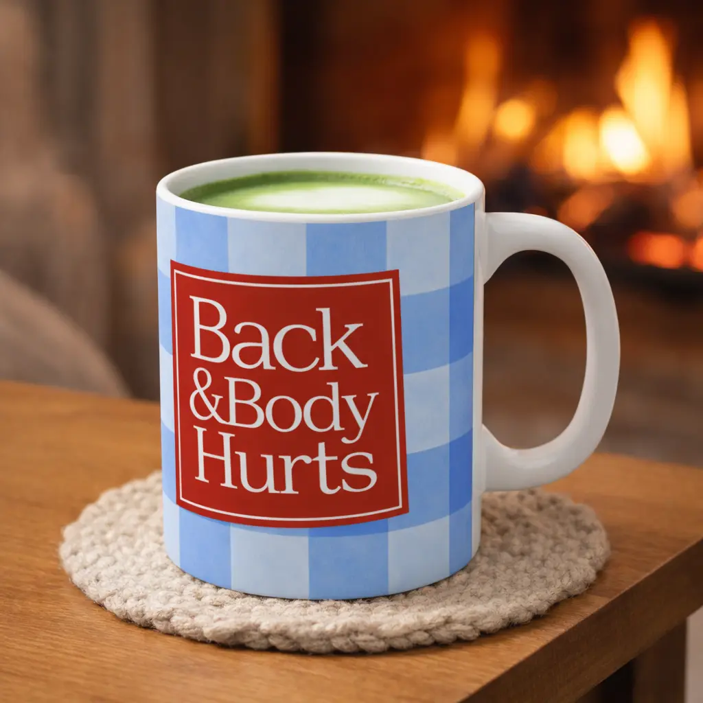 Back & Body Hurts Mug | Blue Gingham Check Coffee Cup | Funny Parody Gift