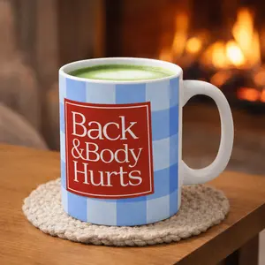 Back & Body Hurts Mug | Blue Gingham Check Coffee Cup | Funny Parody Gift