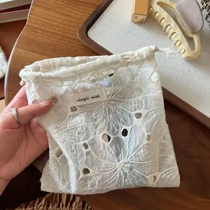 Elegant Drawstring Cotton Storage Bag, Vintage Lace Embroidery, Single Layer Fabric Pouch, Style Organizational Bag