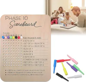 Fun Board Games, Phase 10 Score Board, Wooden Scoreboard with 8 Colored Pegs for Phase 10 Card Game, Score and Round Tracker for Families, Adults