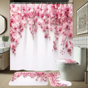 Elegant Bathroom Accessories Set with Flower Pattern, Includes Shower Curtain, U-Shaped Toilet Pad, Lid Cover, Long Rectangle Mat