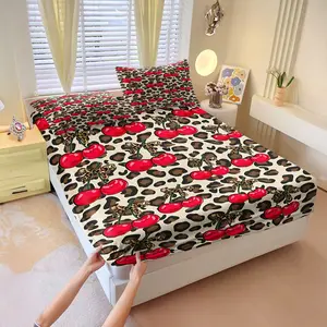 3Pcs Retro Girlish Themed Fitted Sheet Set, Leopard Print Cherry Print Bedding Set, Made of Ultra-Fine Fiber Fabric, Creating A Bedroom with A Rebellious and Girlish Atmosphere. Includes Two Pillowcases (Excluding Pillowcases).
