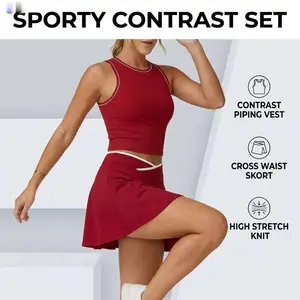 111Women's Stylish Contrast Color 2-Piece Tennis Skort Set - Outdoor Sports Shorts, Sleeveless Cut, Slim Silhouette, Stretch Knit, Anti-Chafe Liner, Contrast Trim - Ideal for Tennis, Golf, Daily Workout,summervibes
