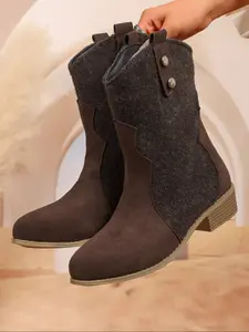 Women's Western Patchwork Cowboy Boots, Mid Heel Knight Boots, High Top Stacked Boots for Spring & Fall, Casual Style Shoes