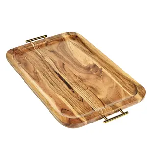 500062804 - Acacia Wood Rectangle Tray with Gold Color Handles, One Size