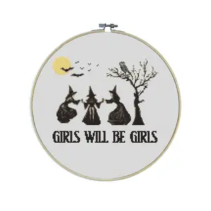 Girls Will Be Girls Premium Cross Stitch Kit - EVERYTHING INCLUDED | Witches | Spooky Season | Halloween | Full Moon |