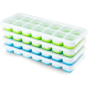 Ice Cube Trays 4 Pack, Silicone with Removable Lid, Easy-Release Flexible 14-cube Trays, LFGB Certified and BPA Free, Stackable Covers for Cocktail, Freezer