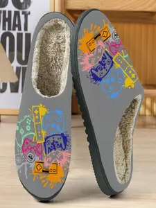 Game Lover Graffiti Gaming Slippers, Colorful Controller & Console Design, Soft Plush Lining, Casual Fall Winter Home Wear