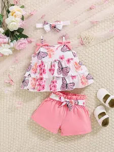 3-Piece Baby Girls Butterfly Floral Print with Ruffle Tank Top, Bow Decorated Shorts and Headband, Casual Summer Wear