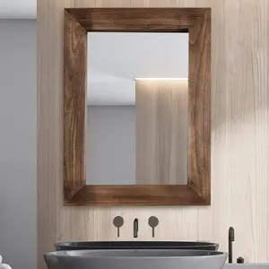 Rustic Wood Wall Mirror for Bathroom, 40" x 30" Wood Framed Mirror Farmhouse Style Bathroom Vanity Mirror, Brown, Vertical or Horizontal Hanging