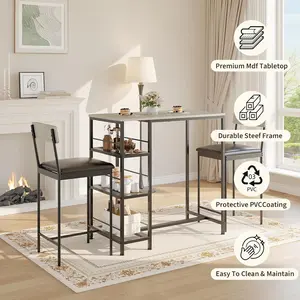 3-Piece Modern Bar Table Set, 36" Kitchen Dining Table with 2 Upholstered Stools, Built-in Wine Rack & Metal Frame, Space-Saving Set for Apartments & Breakfast Nooks