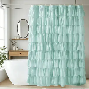 French Vintage Ice Blue Shower Curtain, Layered Ruffle Design, Handmade Retro Style, 12 Holes for Easy Hanging, Perfect for Master Bathroom