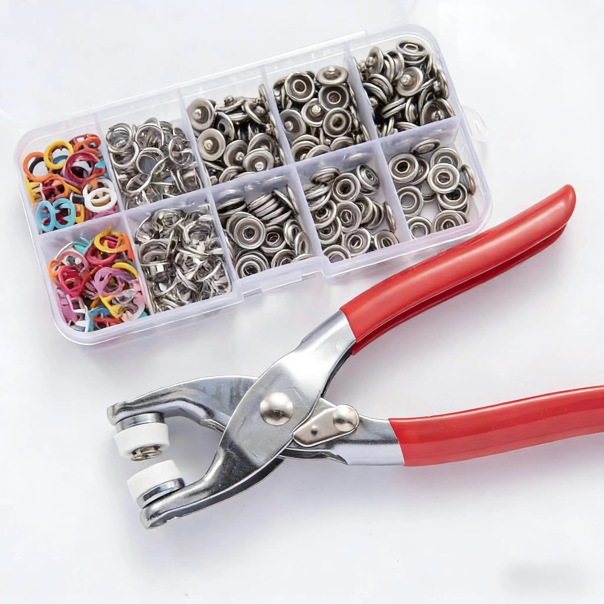 100 Sets 402pcs Aluminium Metal Claw Button Kit with Pliers - 9.5mm Snaps, Solid/Hollow Seam-Free Nail Buttons, Hand Press Tool for 1-3cm Thick Fabrics, Sewing Supplies for Beginners’ DIY Crafts, Crafting Sewing Tools