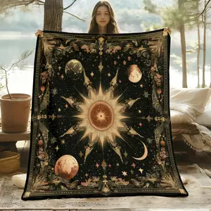 Cosmic Star Sun Planet Print Flannel Blanket, Soft Warm Anti-Pilling, Ideal for Naps Camping Travel, All Seasons Gift