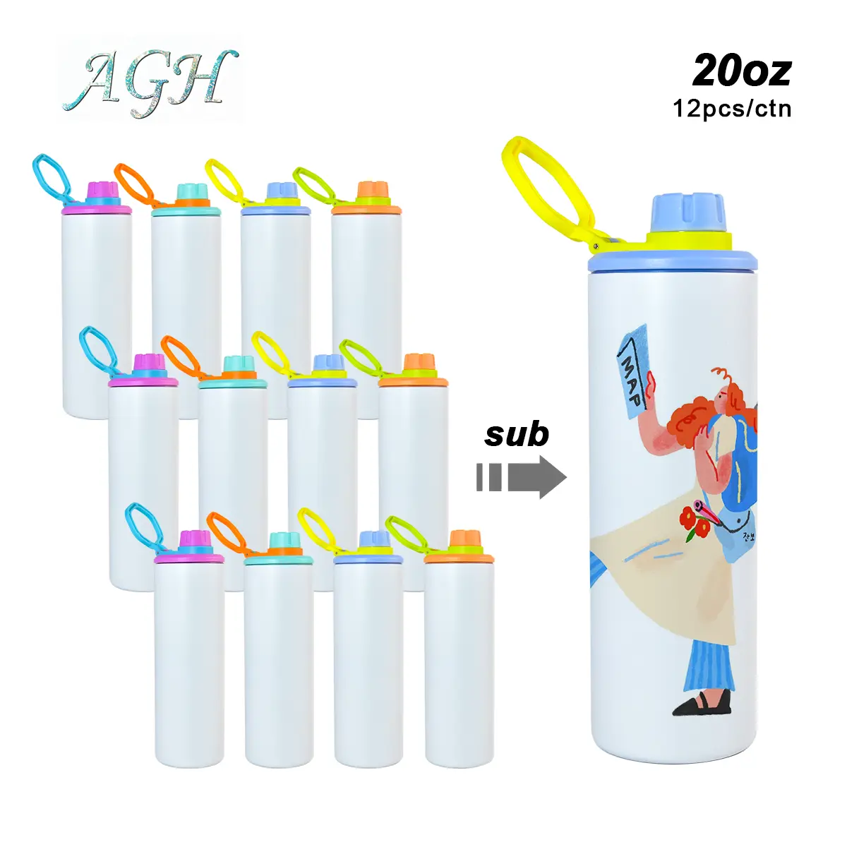 AGH US NEW Arrival Sports Tumbler 20 OZ Sublimation UV Printing DIY Stainless Steel with 4-Color Mixed Handle Lids & Full Sublimation DIY Accessories 12pcs/ctn Vday Party Ester Weddings Business Custom Gift - Thermal Flask