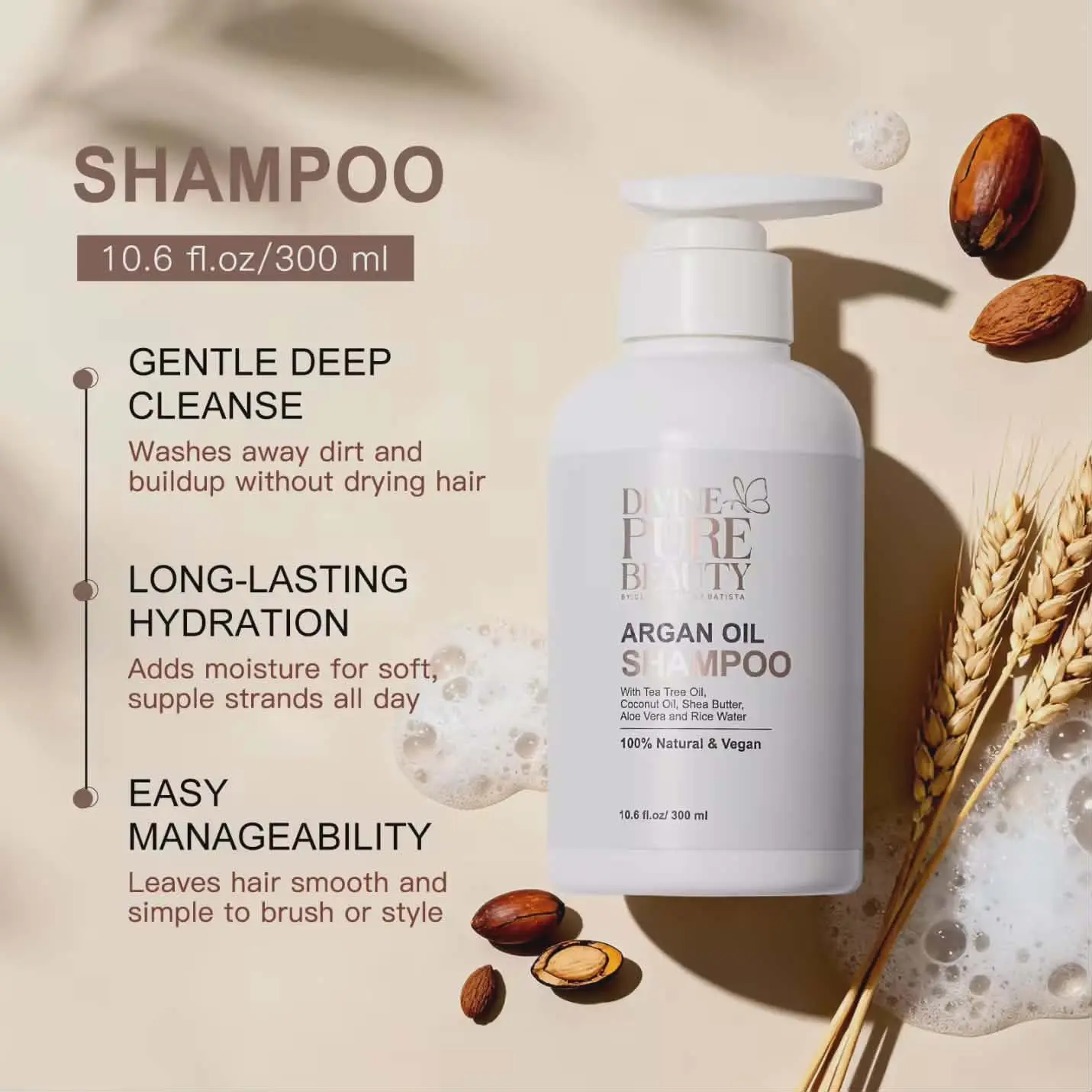 Divine Pure Beauty Argan Oil Hydrating Shampoo, Nourishing Vegan Formula with Tea Tree, Coconut & Rice Water, Gentle Daily Cleanser, 300ml, Liquid, Argan Oil Infused
