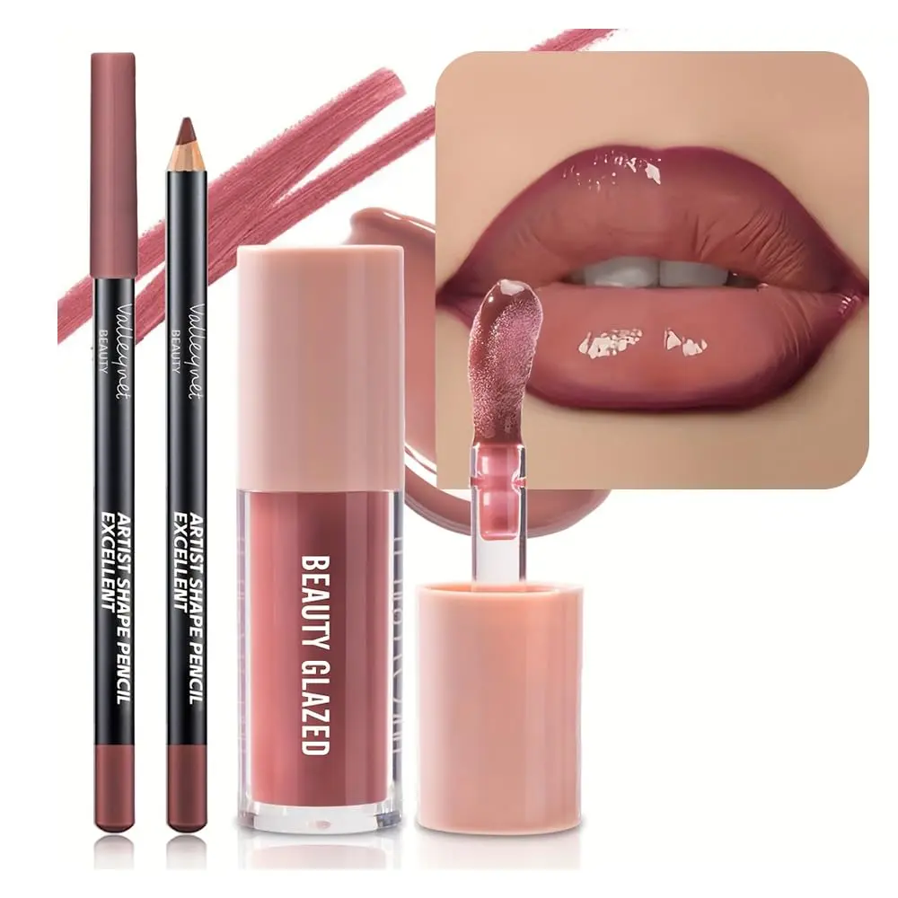 2Pcs/Set Lip Gloss & Lip Liner Set Berry Mauve – Lip Plumping Effect Lip Combo Set for Juicy Plump Lips, Fuller Looking Lips, Gradient Lips & Glass Lips Look, High Shine Volume Lips Viral Lip Combo