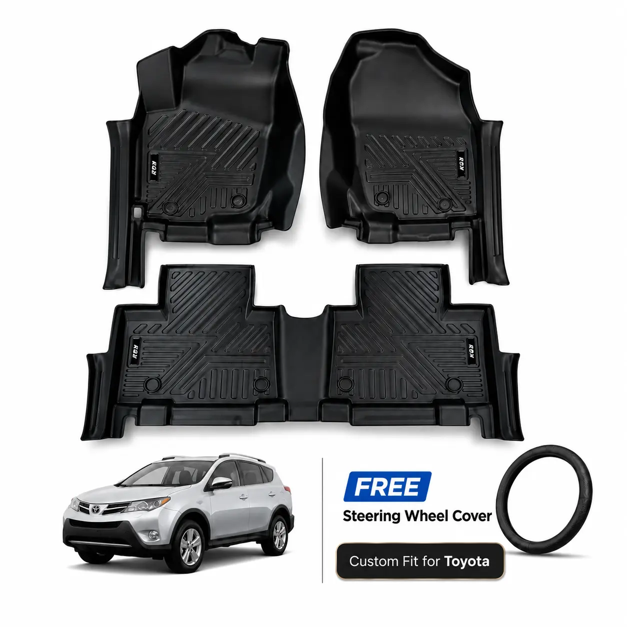 All Weather Custom TPE Floor Mats Full Set, Waterproof Anti-Slip Deep Dish Liners for Toyota, Complete Driver Passenger Rear Kit, Free Steering Wheel Cover