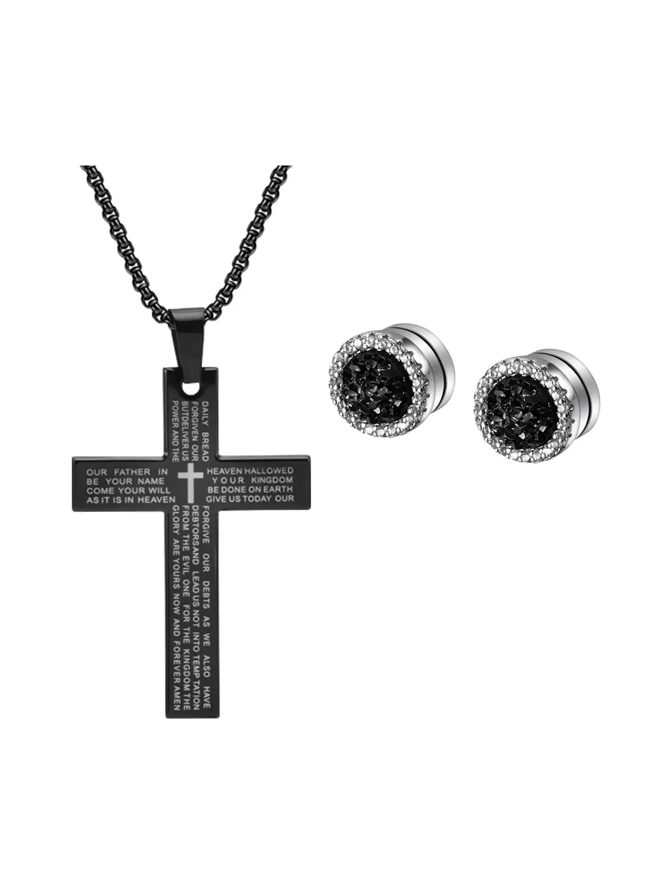 Trendy Hip Hop Necklace Earring Set, Bible Cross Pendant Necklace and Magnetic Ear Clips, Unisex Fashion Jewelry for Daily Wear