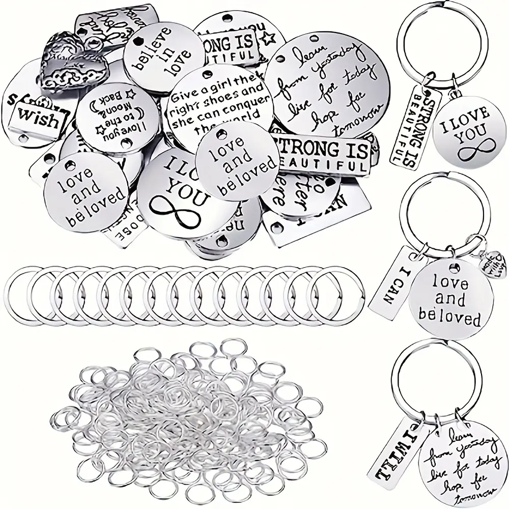 260-Piece Keychain Bundle Set with Alloy Inspirational Word Charms, Keyrings, Jump Rings for DIY Jewelry Making, Christmas, Graduation, Engagement Casual Gifting & Keychain Collectible