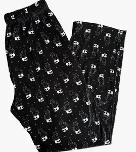 Gothic Cat Skull Pajama Pants, Spooky Cute Black Cat Print Lounge Pants, Unisex Wide Leg Casual Sleep Bottoms, Cozy All Season Comfortable Sleepwear For Men Women