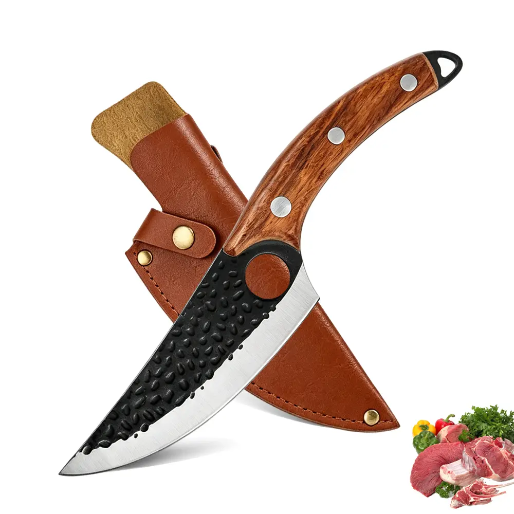 Ultra Sharp Forged Boning Knife, Handcrafted Meat Cleaver with Precision Finger Hole & Retro Leather Sheath, Portable Outdoor BBQ Camping Kitchen Slicing Tool