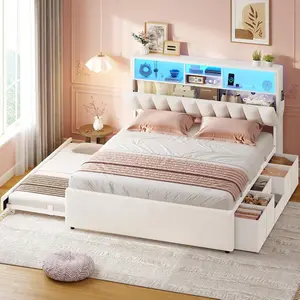 ADORNEVE Queen Bed Frame with 6 Drawers and Trundle, Queen Trundle Bed with Storage Headboard and LED Lights, Velvet Platform Bed for Small Apartment, Guest Room, No Box Spring Needed